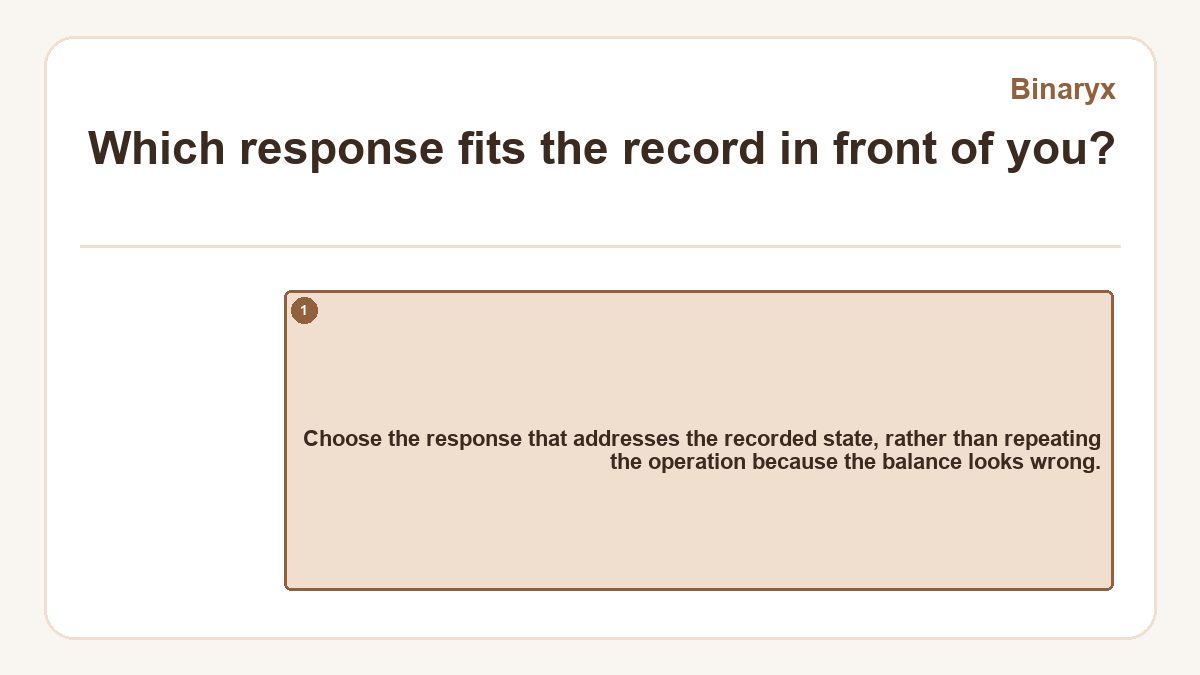Which response fits the record in front of you?: Choose the response that addresses the recorded state, rather than repeating the operation because the balance looks wrong.